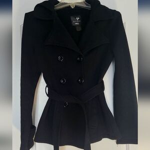 Black fleece hooded coat - double breastfed with belt